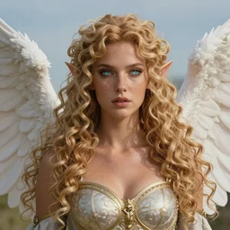 complex 3 d hyper realistic smooth ultra sharp render of a gorgeous high elf princess angel paladin warrior goddess of beauty | tanned skin, curly dirty blonde hair, freckles, luminescent eyes | d & d, medieval, fantasy | breathtaking, divine, serene | art by oh jinwook + 吵 集 仁 儿 on artstaion + takeshi obata + alphonse mucha