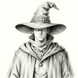 adult male ; large wizard hat with very long brim hiding face ; high collar ; wearing long coat ; drawn by hirohiko araki ; detailed manga art ; anime key visual ; cinematic ; trending on artstation ; high detail ; digital art