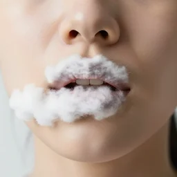 realistic documentary portrait closeup photo of a mouth slowly morphing into white hairy fluffy clouds, common street, front view, grain 1 9 9 0, life magazine reportage photo, metropolitan museum photo