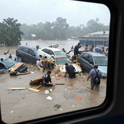 a catastrophic flood with crowds being swept away and crashing into floating cars and floating debris, wood planks, small containers and trash everywhere, heavy rain, katrina, reporter, live footage, wide angle view, photographic, droplets on the lens, through a wet bus window, 3 5 mm lens, daytime