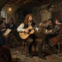 a fantasy painting of a well dressed bard playing a song for the raucous tavern, moody lighting, 4k