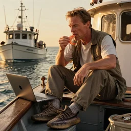 forrest gump eating shrimps on his fishing boat. He is playing with his brand-new macbook pro, and is wearing ugly yeezy shoes, golden hour, dramatic lighting, cinematic, intricate detail, high quality, 8k