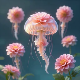 dahlias flowers floating underwater like a jellyfish, leaves as tentacles, photographic, photorealistic, volumetric lighting, detailed, smooth, artstation, octane render, wolp