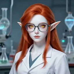 portrait of female elf in a lab, lab coat, big glasses, redhead, golden eyes, white skin, high fantasy, science, extremely detailed, sharp focus, smooth, digital illustration, by rossdraws, frank franzzeta, sakimichan