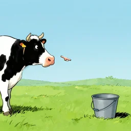 a cow points at a bucket, far side, illustrated by gary larson