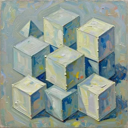 oil paint impasto relief, beautiful cubes, sheets and pyramids, multi layered thick brush marks, some splattered paint, in the style of ivan shishkin and frank auerbach and van gogh
