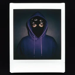 medium shot, surreal photo of a black and lilac empty hoodie, with many eyes looking gleaning staring from the darkness in the hood, 9 0 - s, polaroid photo, by warhol,