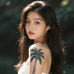 a beautiful asian girl with a tattoo of a coconut tree on her body by Norman Rockwell