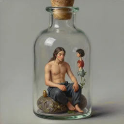 a tiny realistic proportioned man genie sitting down inside a glass bottle. beautiful detailed painting by artgerm and magali villanueve and michael whelan