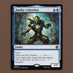 illustration image for magic the gathering card this card is called janky. 1 / 1 when janky enters the battlefield, you may search your library for a card named janky and put it into your hand. if you do, shuffle your library. whenever janky attacks, you may pay { 1 }. if you do, target creature gets + 1 / + 0 until end of turn.