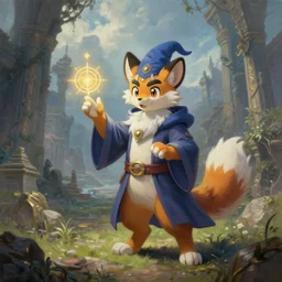 A wizard fursona is casting a magic spell, ArtStation, pixiv, furaffinity, highly detailed realistic fantasy oil painting, forgotten scenery and a ruined temple