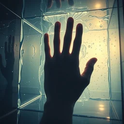 a room of glass, water caustics, the giant hand is inside, close up, euphoria, transcendence!!!!!!!, film still from the movie directed by denis villeneuve and david cronenberg with art direction by salvador dali and dr. seuss