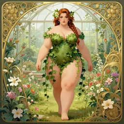 a stunning vector portrait of a thicc and voluptuous palutena dressed as a beautiful poison ivy with hair tied in a braid walking through a flowering garden, greenhouse in the background, intricate, elegant, highly detailed, digital painting, artstation, concept art, ultra sharp focus, illustration, art by jugendstil and greg rutkowski and alphonse mucha