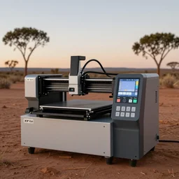 stl model slicer GUI control device for industrial house printer, in the australian desert,  XF IQ4, 150MP, 50mm, F1.4, ISO 200, 1/160s, dawn