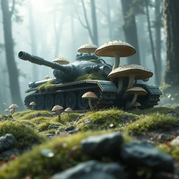 a bio - mechanical tank with mushrooms as camouflage highly detailed, digital painting, artstation, concept art, smooth, sharp focus, elegant, illustration, unreal engine 5, 8 k, art by artgerm and greg rutkowski