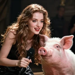 a woman interrupts a pig with a microphone