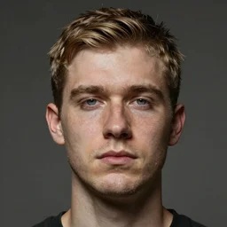 tall man in his twenties with brown blond short quiff hair and round facial structure with cleft chin, straight eyebrows, cheekbones, lightly blue eyes, wide face, shadow of beard, atmospheric lighting, painted, intricate, 4 k, highly detailed by charlie bowater