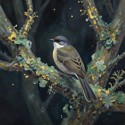 bird in the lichen rainforest on a starry night. gouache and gold leaf work by the award - winning mangaka, bloom, chiaroscuro, backlighting, depth of field.