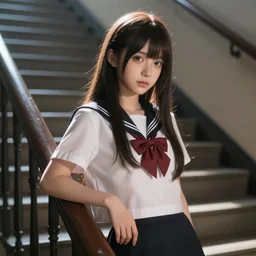 magical and mystical, illustrious makinami, school girl leaning on a stairs, octane render, rembrandt, cgsociety, artstation trending, highly detailded