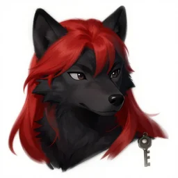 character concept art of a black anthropomorphic male furry wolf long red hair | | cute - fine - face, pretty face, key visual, realistic shaded perfect face, fine details by stanley artgerm lau, wlop, rossdraws, james jean, andrei riabovitchev, marc simonetti, and sakimichan, trending on artstation