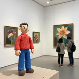 plasticine sculpture stop motion. clay models. man in red jumper and blue jeans 3 0 from left. gallery paintings of flowers. visitors. contemporary art gallery small hole in wall. in the style of salvador dali. john craxton. high detail. photorealistic