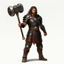 Heroic barbarian warrior, wielding a giant ornamental hammer, black and red armor, plate, long curly hair, unkempt beard, young, male, justice, high fantasy, main character, matte painting, trending in artstation, artstationHD, artstationHQ, cgsociety