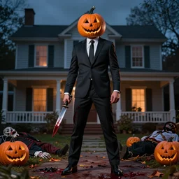 man in strict suit with pumpkin mask, Halloween pumpkin, house on background, bloody knife in right hand, blood on body, dead bodies around, full body, extremely detailed, sharp focus, professional photographer, professional model