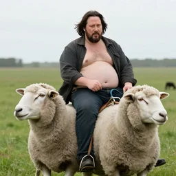 morbidly obese keanu reeves riding a sheep, photo, detailed, 4 k