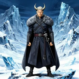 a full body shot of Night King of Game of Thrones by Kubo Tite,Bleach manga style,small horns, detailed,ice mountains in the background,artstation,manga