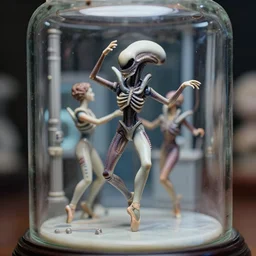 beautiful three point perspective film still of holly herndon xenomorph lab dance scene in aliens, extreme closeup 3 / 4 portrait in style of frontiers in blade runner miniature photography fashion architectural art studio edition, real - life porcelain statue in victorian glass jar, pointe pose, anatomically correct, tilt shift background, sharp focus, panavision, 8 k, macro, cinematic style