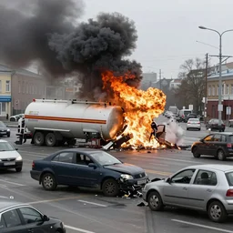 russian car crash at major intersection with oxygen tanker exploding