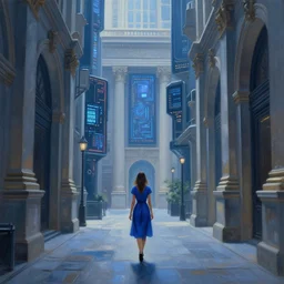 hyperrealistic and beautiful painting of an alley way within a grand city, lonely woman in a blue dress walking, classical architecture, technological lights, screens, cyberpunk style, 8 k resolution, by hugh ferris and john smith, polished, fine detail, intricate, blue color scheme, cyberpunk style, smooth, octane, concept art, trending on artstation