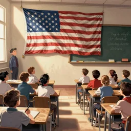 the first day of school in the United States, political cartoon