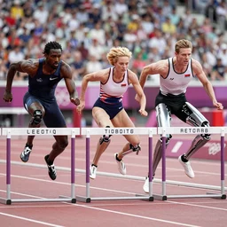 The matrix, LeeLoo, Starship Troopers, Clarice Starling, The Olympics footage, hurdlers in a race with robotic legs, intense moment, cinematic stillframe, shot by Roger Deakins, The fifth element, vintage robotics, formula 1, starring Geena Davis, clean lighting