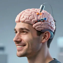 happy man implanting the neuralink on his brain, photorealistc, hd, detailed
