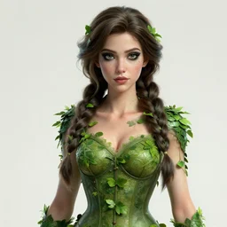 a stunning 3 d render of ariel dressed as a beautiful poison ivy with hair tied in a braid, dark eyeliner, intricate, elegant, highly detailed, digital painting, artstation, octane render, sharp focus, illustration, art by artgem and jugendstil and greg rutkowski and alphonse mucha, pixv