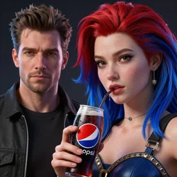 the queen of pepsi, by tom bagshaw and ilya kuvshinov, rtx rendering, red and blue hair, octane render 1 2 8 k, maya, extreme high intricate details by wlop, digital art by ross tran, medium shot, close up shot, composition by sana takeda, dramatic lighting by greg rutkowski