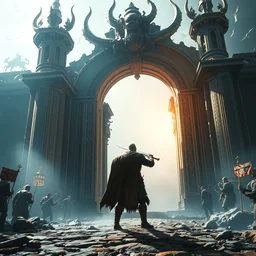 brave hero viking stands triumphantly as he enters majestic gates of valhalla, highly detailed, trending on artstation, dramatic light, masterpiece, stunning concept art by ruan jia, jakub rebelka, greg rutkowski, ayami kojima, james jean