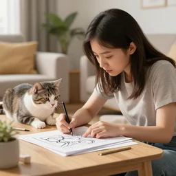 a girl drawing beside cat, living room, close detail, cg society, artstation, coherent, octane render, comic book