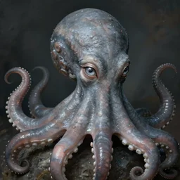 A girl with a gray octopus for hair, very young and beautiful face, silver eyes, HD, hyper realistic