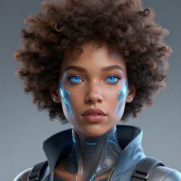 a woman with a futuristic face and blue eyes, cyberpunk art by android jones, trending on zbrush central, afrofuturism, daz 3 d, zbrush, artstation hd