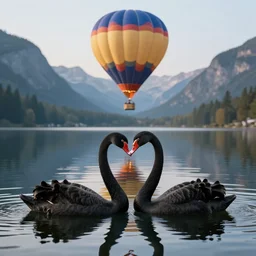 Photo of a hot air balloon flying above a reflective mountain lake, the lake has two black swans swimming, touching heads, forming a heart with their necks, beautiful, High resolution photo, intricate, 8k highly professionally detailed, HDR, CGsociety, render