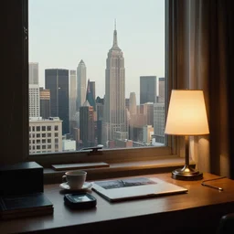 “view of a city in the style of space cowboys through a lens on a table next to a lamp”