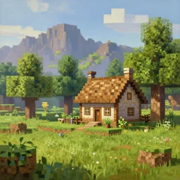 a classic oil painting of a beautiful landscape with a cottage in the style of minecraft concept art, beautiful detail, rtx lighting, trees, grass, mountains,