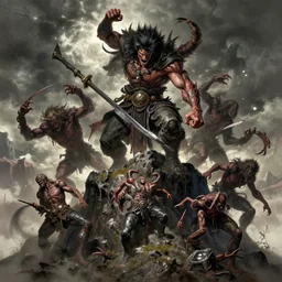 doom eternal concept art, guts from berserk atop a mountain slaying demons, hyperdetailed, artstation, cgsociety