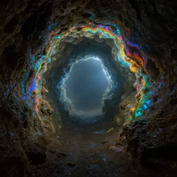 foggy moody deep underground cave, microbiology bioluminescent, phosphorescent iridescent tunnel, uncanny uncomfortable uneasy, multicolor spectrum salt, cracks and moisture, rough basalt gypsom calcite, dim moody broken soft lighting, ultra detailed photorealism, DSLR, real footage, bloom, glow, real life