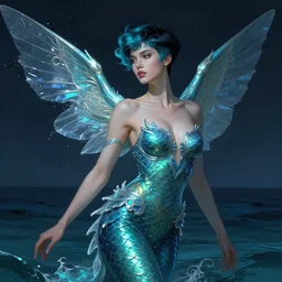 a beautiful cinematic sexy female sea goddes, water wings , fantasy sea landscape, fantasy magic, undercut hairstyle, short aqua blue black fade hair, dark light night, intricate, elegant, sharp focus, illustration, highly detailed, digital painting, concept art, matte, art by WLOP and Artgerm and Greg Rutkowski and Alphonse Mucha, masterpiece
