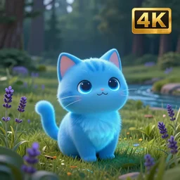 glowing blue adorable cute cat in grassy field with forest in the background, incredibly cute, anime eyes, river, lavender growing nearby, cinematic lighting, high detail concept art, epic, award winning, 8 k