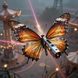 promotional still, high angle, a ( robotic butterfly ) ( metal aerodynamic wings ) ( spaceship ), slightly glowy, flying over desolate amusement park, firing lasers, ultrarealistic, bokeh, detailed, hq 8 k 4 k, superior detail, dramatic lighting, intense, in styles of hardy.