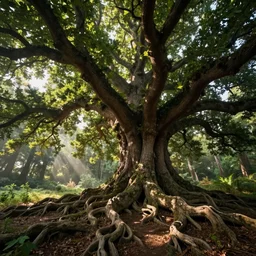 portal to heaven made from gnarled roots of an enormous oak tree, idyllic forest scape by jordan grimmer and rebecca guay, crepuscular rays, vibrant, wide angle, epic, vast, trending on artstation, cgsociety, intricate, atmospheric lighting, unreal engine, 8 k resolution, ultrafine detail, octane render